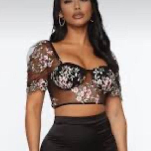 SHEIN Tops - Shein Sheer Crop Top Embroidered Floral Dark Romantic Sz Small